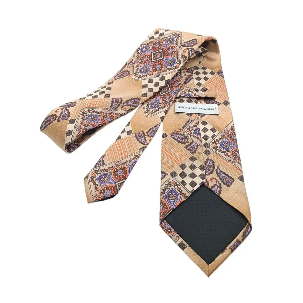 Irvine Park Silk Tie Mens XL 66” Gold Purple Paisley Geometric Classic New